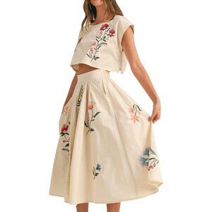 Women Floral Embroidery Dress Two-Piece Summer Cotton Blend Casual